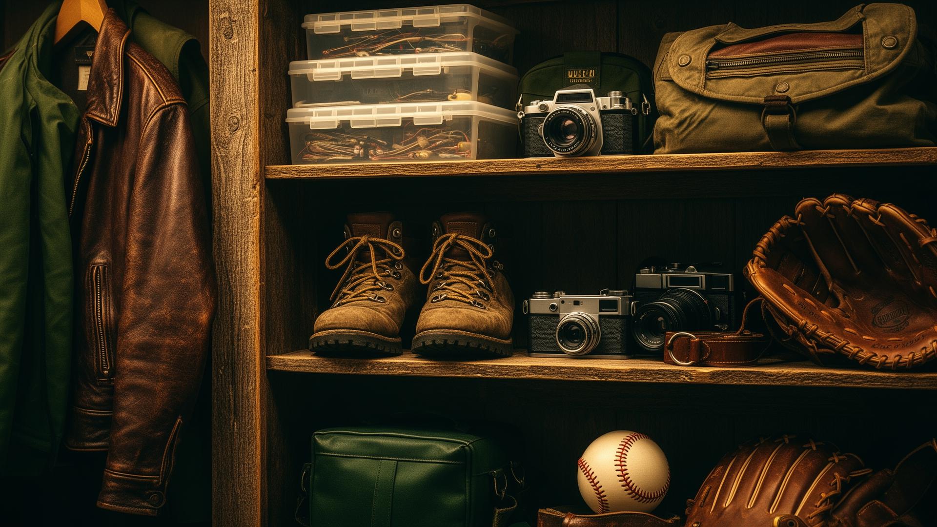 Premium outdoor gear and vintage finds on rustic wooden shelving